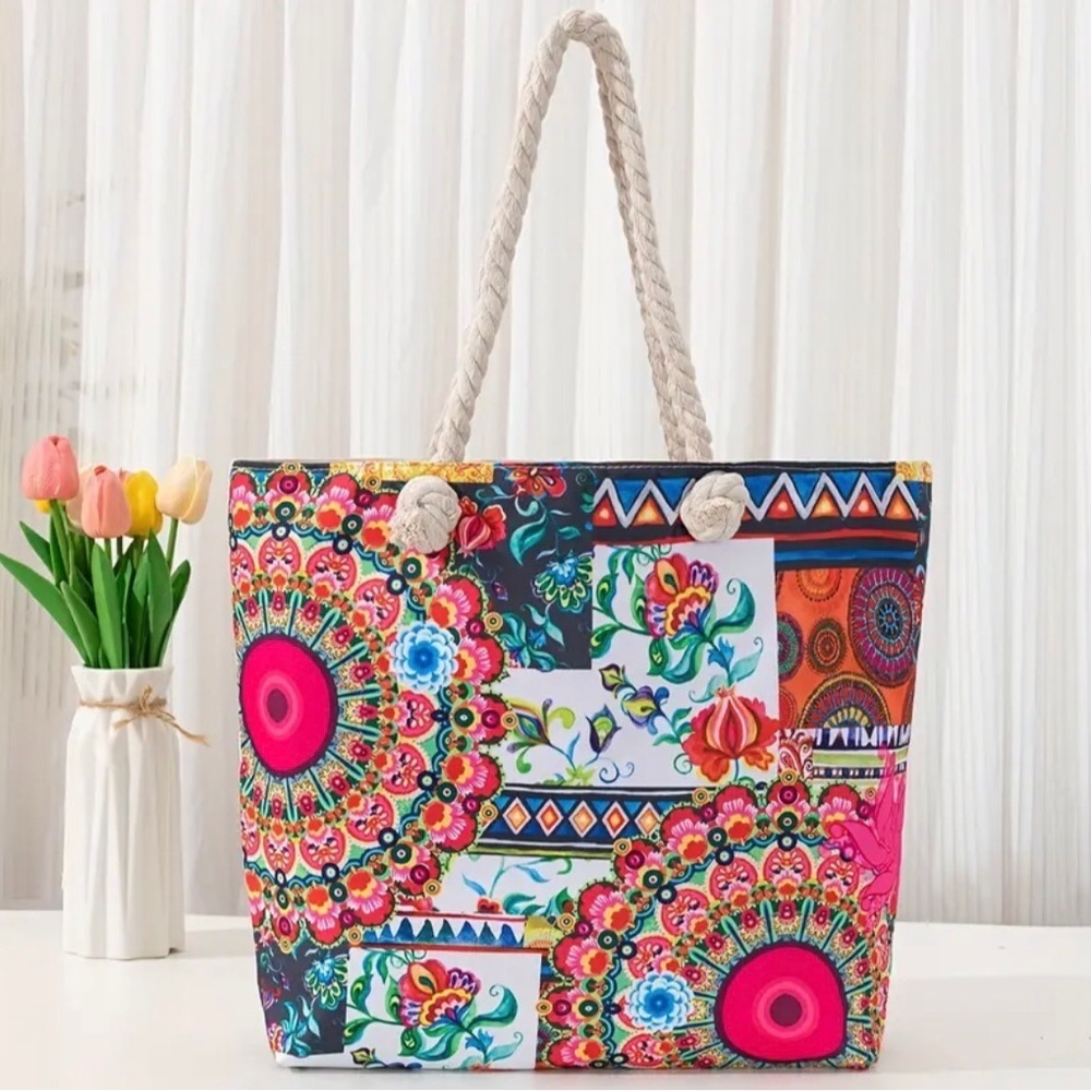 Boho Geometric Tile Print Ethnic Large Canvas Shoulder Bag Tote
